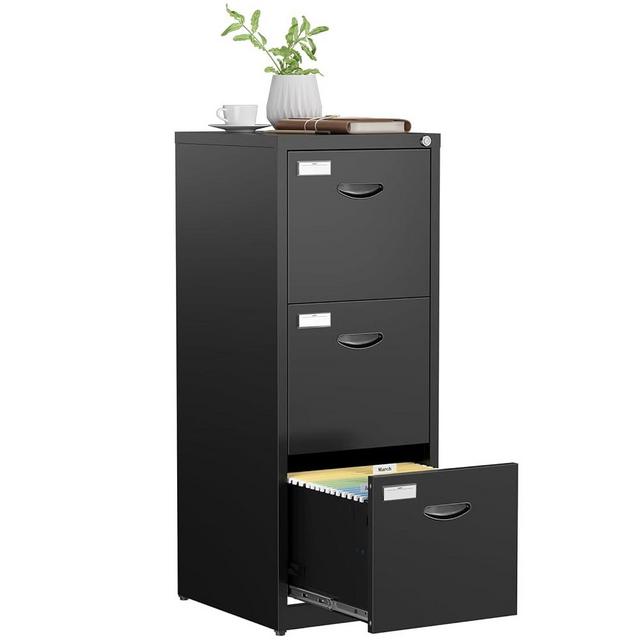 SteeLoong 3 Drawer File Cabinet,Black Metal Filing Cabinet with Lock,Three Drawer File Cabinet for Home Office,Vertical Files Cabinet for Hanging Letter/Legal Folders,Easy Assemble