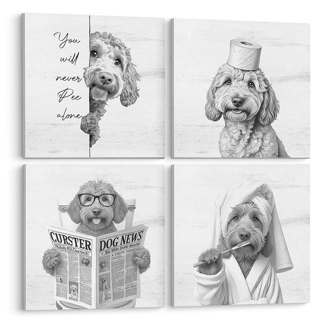 LUKIPOM Funny Golden Doodle Dog Bathroom Wall Art Canvas Prints Set of 4, Funny Goldendoodle Wall Art Posters for Washroom Restroom Decor, Dog Bathroom Decor, 8x8Inch Framed