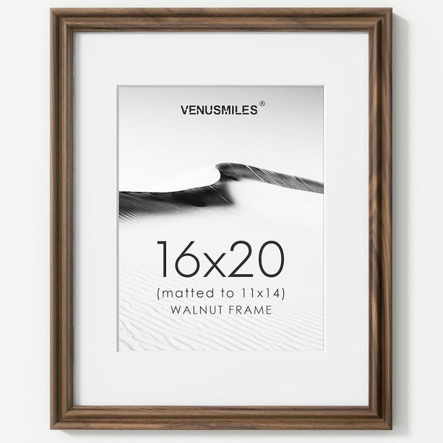 Venusmiles 16x20 Picture Frame with Mat Adaptable Display Size for 11x14, Natural Black Walnut Wood Frame, HD Tempered Glass, Mortise and Tenon Nail Free Joint, Horizontally & Vertically Wall Display