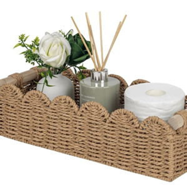 Storage Basket, Small Living Room, Bedroom Decor Baskets for Over Toilet Storage Shelf, End Table, Shelves and More, with 2 Wooden Handle, Neutral