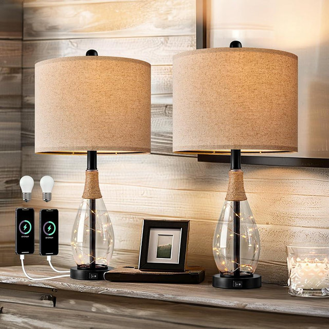 OYEARS 23" Farmhouse Table Lamps for Living Room – Set of 2 Boho Rattan Bedside Lamps with USB-C & USB-A Ports, Glass Nightlight, Dual Light Sources, Black