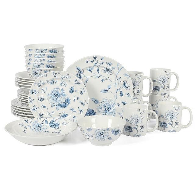 Martha Stewart Empress Bouquet 30 Piece Decorated Porcelain Dinnerware Plates and Bowls Set - Blue Floral