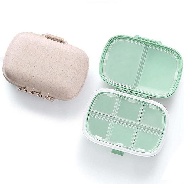 MEACOLIA 2 Pack 8 Compartments Travel Pill Organizer Box Moisture Proof Small Pill Case for Pocket Purse Daily Pill Holder Container for Medicine Vitamin (Cyan & Khaki)