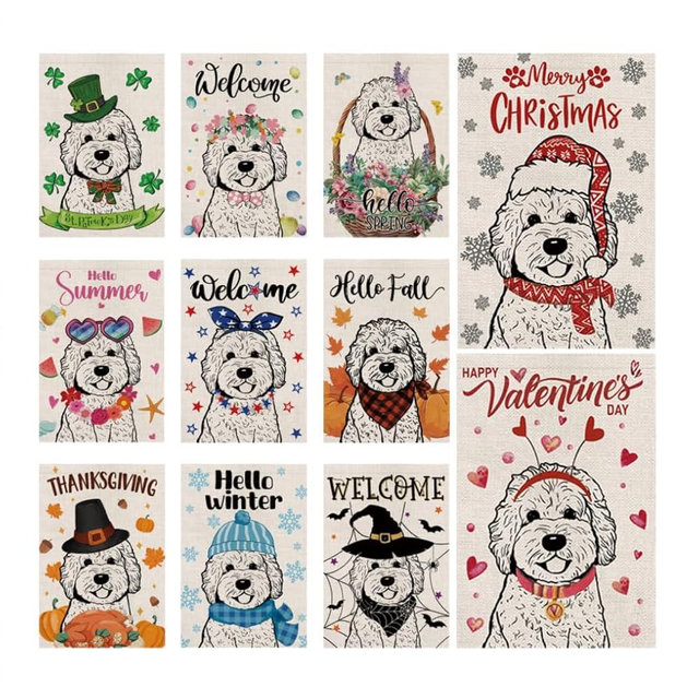 Seasonal Garden Flags Golden Doodle Double Sided Flags Set of 11 Holiday Farmhouse Indoor Outdoor Yard Lawn Christmas Gifts Decorations 12.5x18 Inch