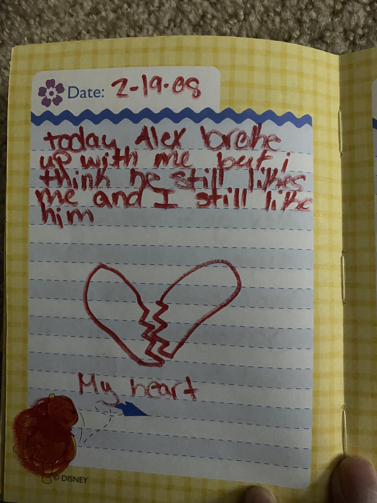 An excerpt from Rachel's middle school diary When Alex broke her heart. Good thing she doesn't hold grudges.