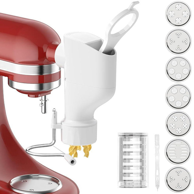 Fedowal Gourmet Pasta Press Attachment for Kitchenai Stand Mixer, Pasta Maker Attachment with 7 Interchangeable Plates, Pasta Extruder Attachment for Spaghetti Bucatini Fusilli l Macaroni