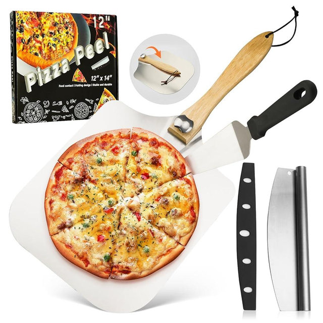 AGIgear Aluminum Pizza Spatula Set,12x14 Inch Metal Pizza Peel with Foldable Wooden Handle,Pizza Spatula with 14" Rocker Cutter,Pizza Server,for Family Pizza Oven Baking Pizza,Dough,Bread & Pastry