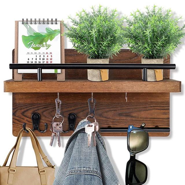 OurWarm Key Holder for Wall Decorative with 5 Key Hooks, Wooden Key Hanger for Wall with Mail Key Rack, Wall Mounted Mail Sorter Organizer, Rustic Entryway Decor Home Decor