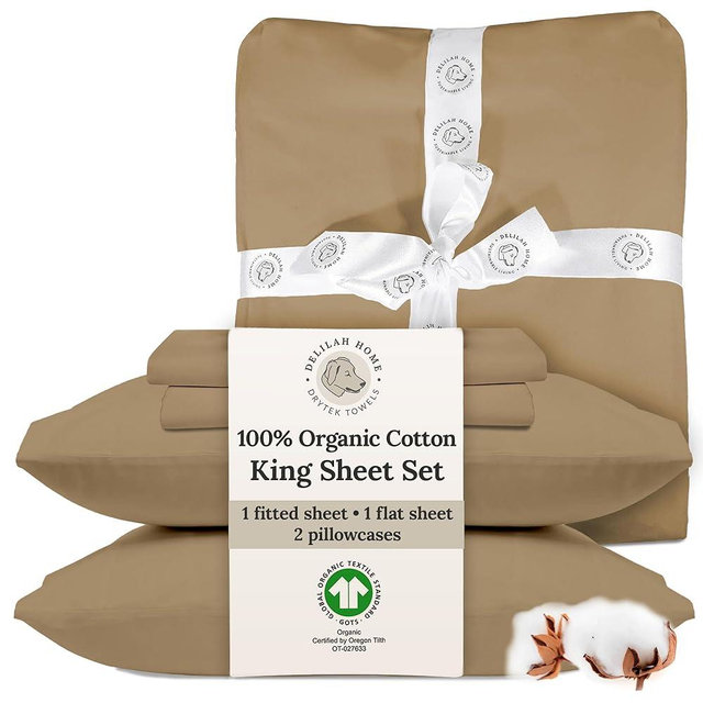 Delilah Home Sustainable Living - 100% Organic Cotton King Flat Sheet - 300 Gram TC Flat Bed Sheets - Top Sheet, Fitted Sheet & Pillow Cases, 4 Pieces Set (Beige)