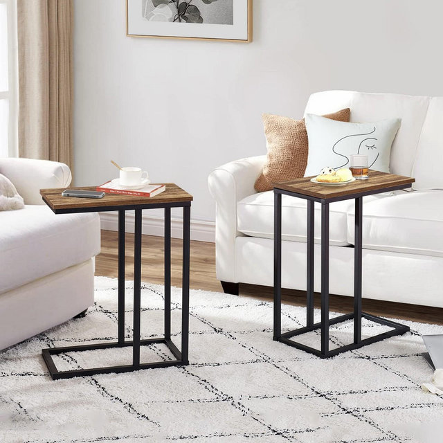 VECELO C-Shaped End Side Table Set of 2 for Sofa/Couch, Snack TV Tray for Living Room or Bedroom, Brown