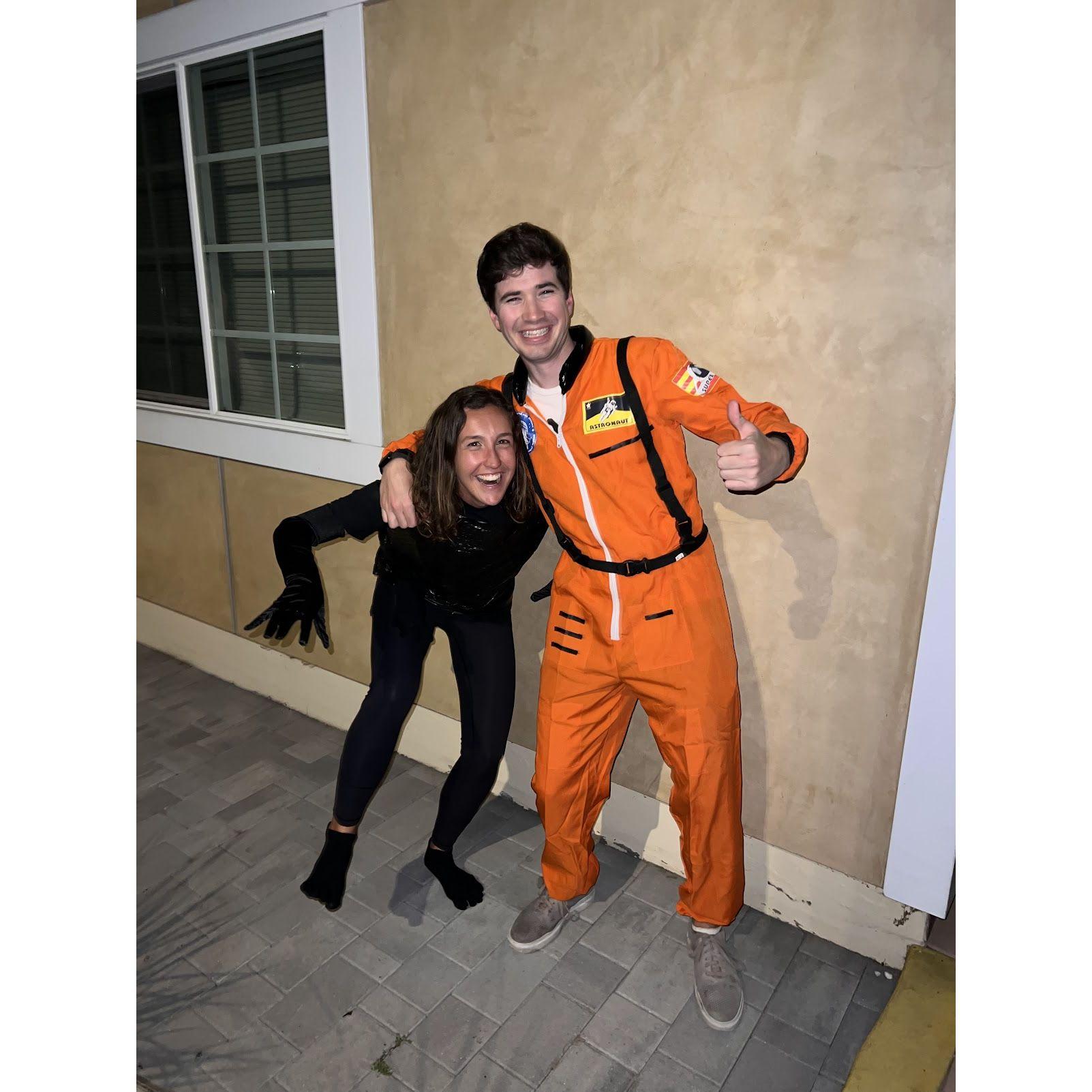 We love reading the same books, so for halloween in 2023, we dressed up as 2 characters from Project Hail Mary. Peter was Ryland Grace, an astronaut and Sabrina was Rocky, the alien