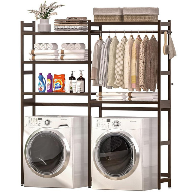 Cozivolife Over the Washer and Dryer Storage Shelf Bamboo,5 Tiers Laundry Room Drying Rack with Adjustable Shelves and 4 Hooks,Space Saver Organizer for Hanging Clothes and Towels (Brown)