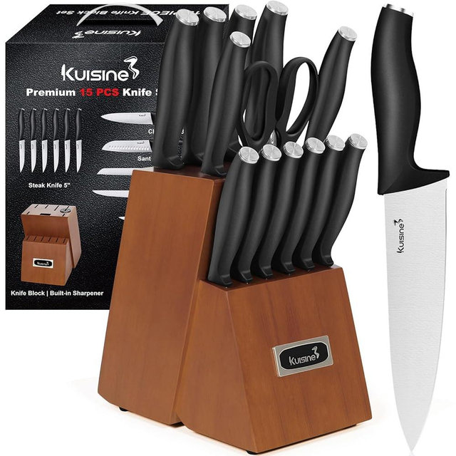 Kuisine Premium Chef Knife Set,High Carbon Stainless Steel Razor-Sharp Blade Ergonomic Handle,Upgraded Knife Block Set with Built-in Sharpener,Elegant Gift for Holiday(Acacia,15PCS)