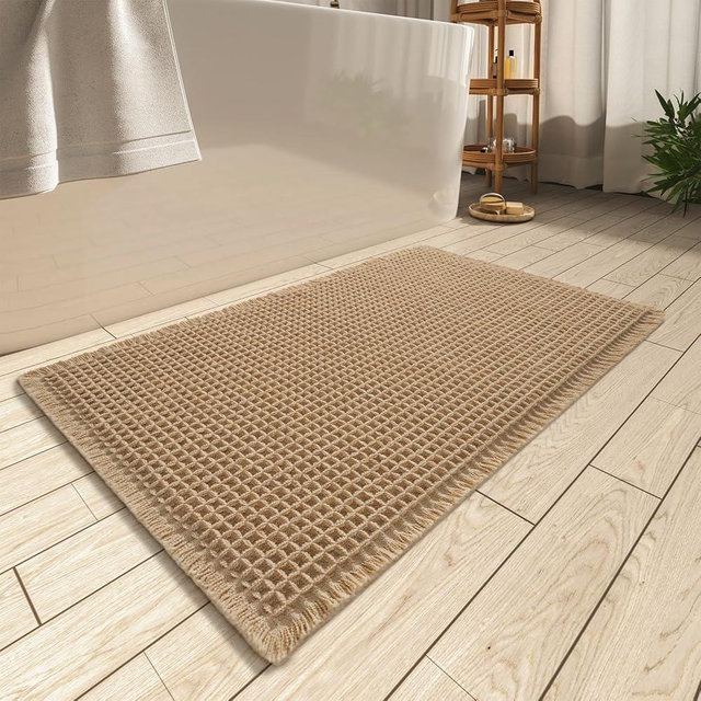 AMOAMI Upgraded Waffle Bath Mat, Super Absorbent Non Slip Bath Mats for Bathroom Floor, Washable Bathroom Rugs with Tassels, Rubber Backed Bathroom Mats, Ultra Soft, 20" x 32", Brown