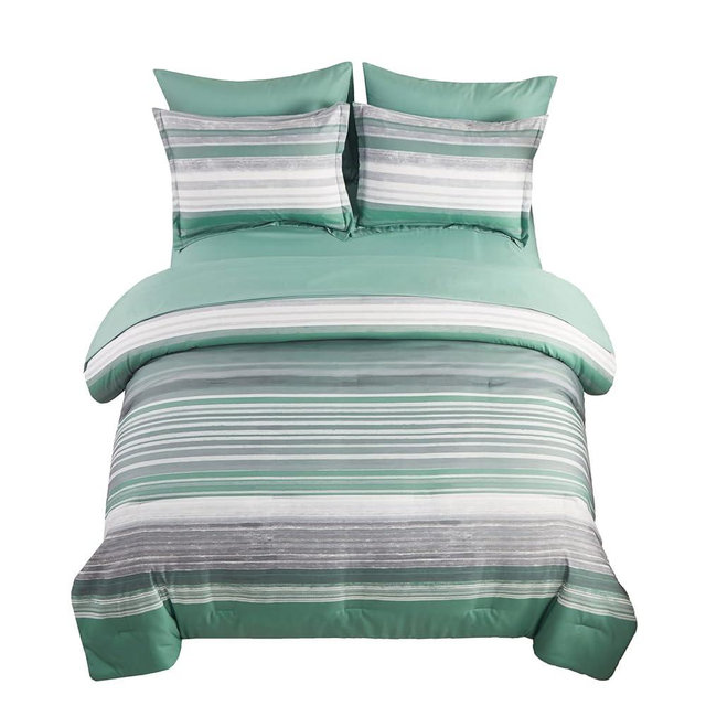 KAKIJUMN 7 Piece Bed in a Bag Stripe Comforter Set Full Size, White Grey Sage Green Patchwork Striped Comforter and Sheet Set, All Season Soft Microfiber Complete Bedding Set(Green,Full)