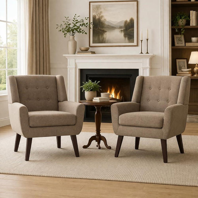 HUIMO Living Room Accent Chair Set of 2, Upholstered Button Tufted Armchair with Wooden Legs, Linen Fabric Sofa Chairs for Bedroom, Living Room, Mid-Century Modern Comfy Reading Chair (2 PCS, Brown)