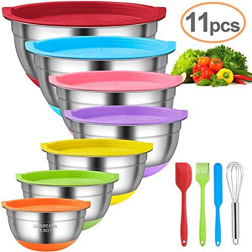 Mixing Bowls with Airtight Lids, 11pcs Stainless Steel Nesting Mixing Bowls Set – Non-slip Silicone Bottom, Size 7, 5.5, 4, 3.5, 2.5, 2, 1.5 QT, Fit for Mixing & Serving