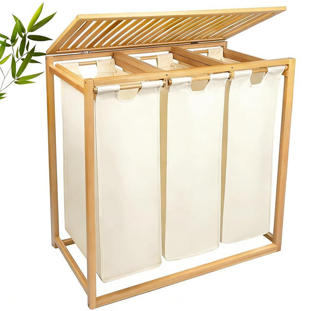Bamboo Laundry Hamper 3 Section with Lid, 150L Laundry Sorter with Pull-Out Removable Washable Bags, 3 × 12.5 Gal Divided Laundry Baskets for Laundry Room, Bathroom (Beige)