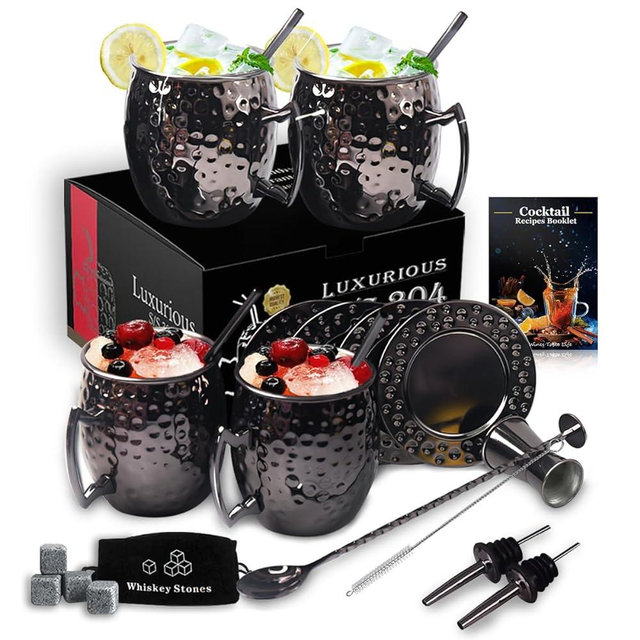 FAUHAL Moscow mule cup,large 18 Ounces, Set of 4 Copper Black Stainless Steel Mugs, Gift Set Black Mule Mugs Pure Solid Hammered Mule Mug, Perfect for Cold Drinks, Beer, Wine, Bars, Parties, Gifts