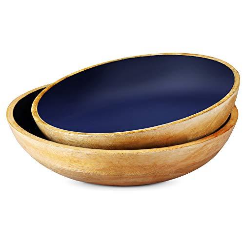 Set of 2 Large Serving Bowls for Parties or Wooden Bowls for Food, Pasta, Salad, Fruits, 12 inch and 11 inch Wood Bowls, Mango Wood, Blue