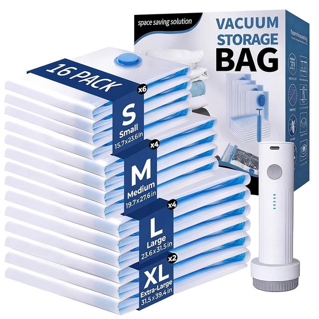 Travel Vacuum Bags with Pump, 16 Pack Vacuum Storage Bags for Travel, Compression Bags for Clothes, Reusable Space Saver Luggage Organizer with Wireless Electric Pump (16 Combo)