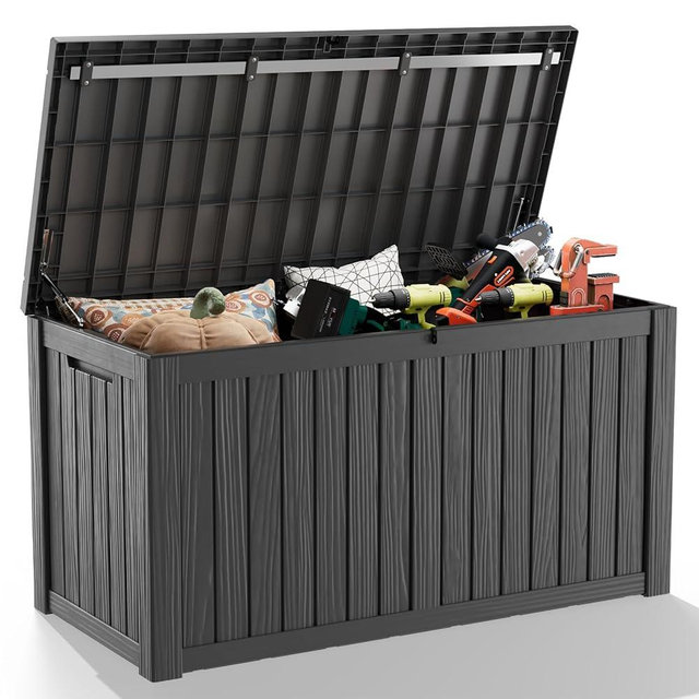 DRATO 150 Gallon Outdoor Storage Box, Large Waterproof Deck Box, Lockable Resin Storage Container with Reinforced Support for Patio Cushions, Garden Tools, UV-Resistant Outdoor Chest,（Black）