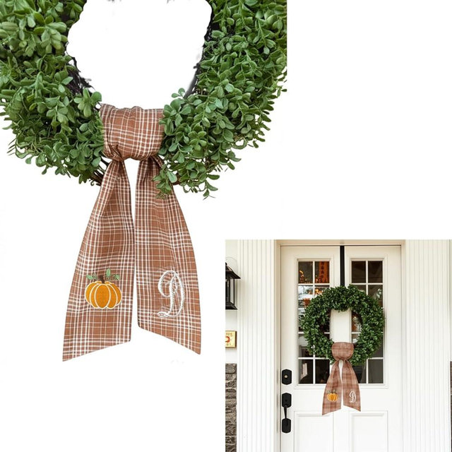 Autumn Door Wreath Sash Embroidered with White Letters and Pumpkins On A Plaid Wreath Sash Ideal for Housewarming Gifts, Autumn Thanksgiving, Halloween, and Christmas Porch Decorations -D