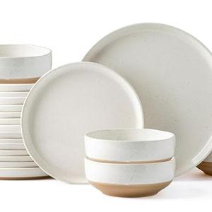 AmorArc Ceramic Dinnerware Sets for 8, 24 Pieces Handpainted Plates and Bowls Set with Rustic Terracotta Underside, Scratch Resistant Stoneware Dishes Set, Dishwasher & Microwave Safe, Light Beige