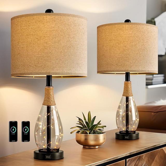 OYEARS 23" Table Lamps for Living Room Set of 2 Bedside Lamps for Night Stands Bedroom Lamps Farmhouse Rattan Boho Lamp Glass Nightlight End Table Lamp with USB C+A (Black)