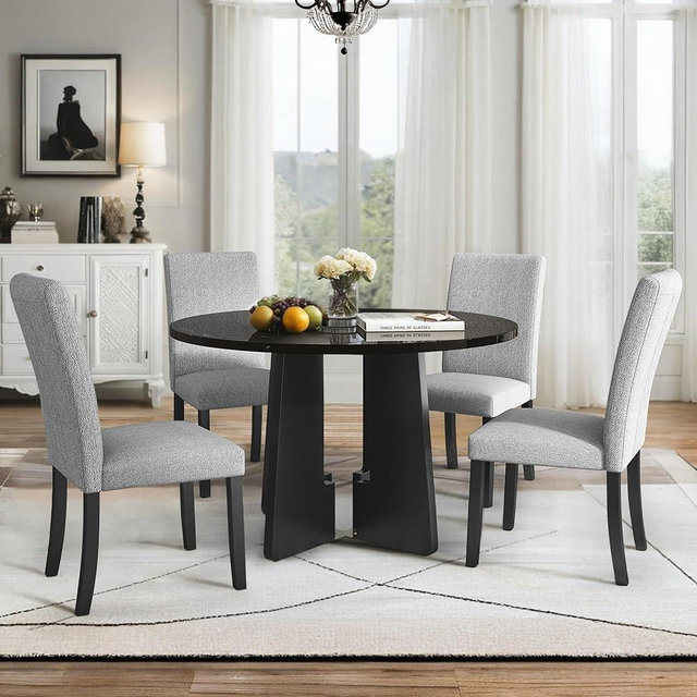 Wohh 5-Piece Round Dining Table Set, 43-Inch Modern Dining Table and 4 Upholstered Chairs for Dining Room, Kitchen Room, Living Room (Grey Chairs and Black Table)