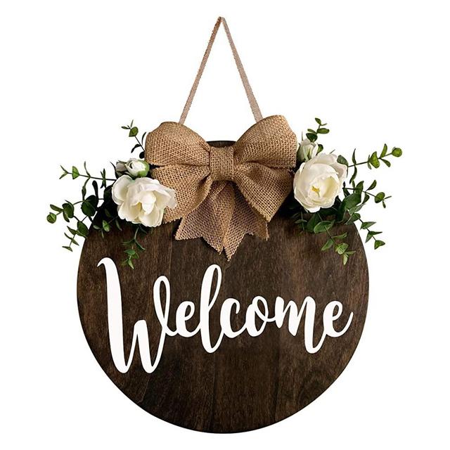 MayAvenue Welcome Wreaths Decor Sign Front Door, Round Wood Hanging Sign with Ribbon Bow and Artificial Green Leaves, Farmhouse Porch Decorations for Home Thanksgiving, Brown