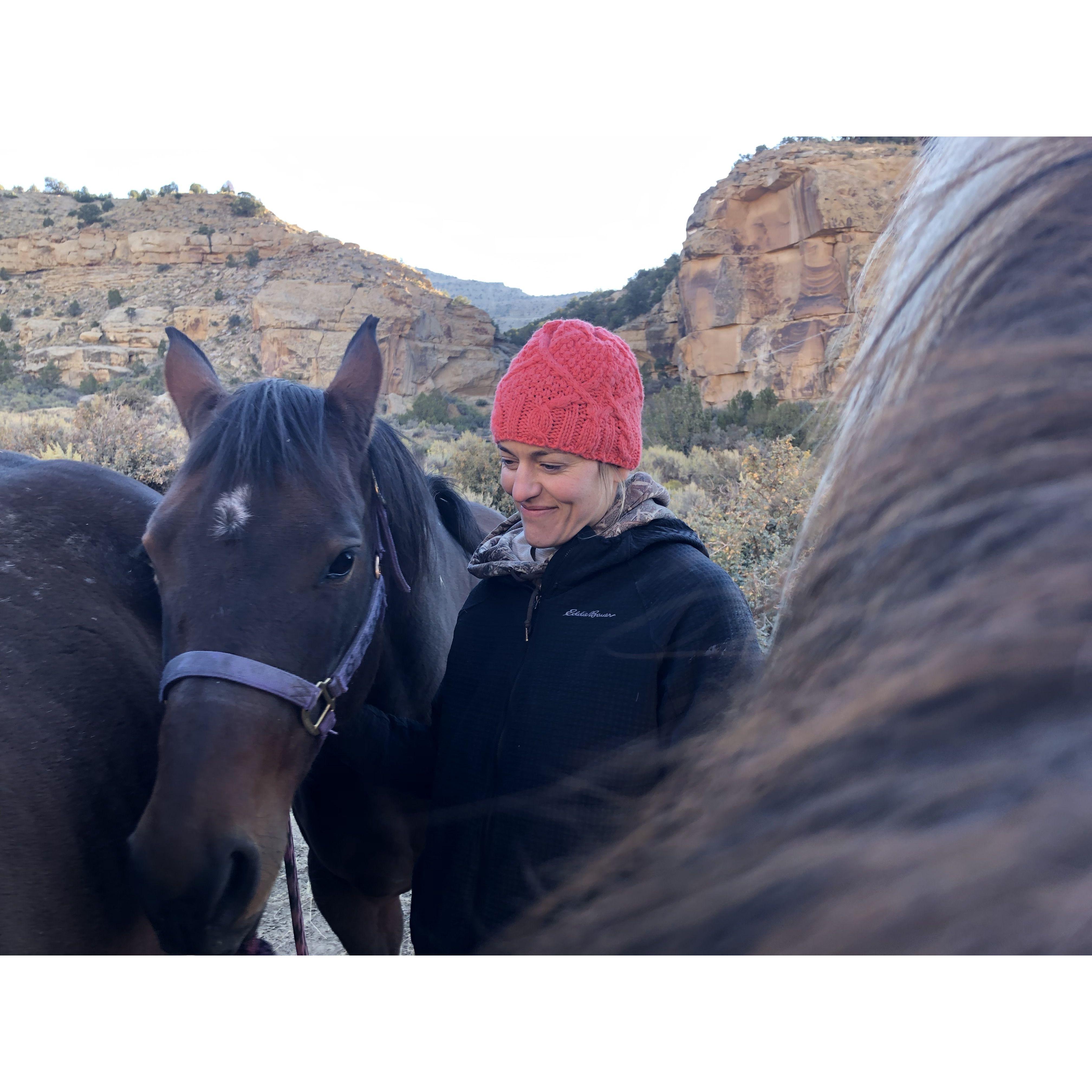 Amber and Montana (Cash's mane and Shash's butt). Early morning grazing the horses before we drove back home to fix the truck. Great place to break down and sleep next to petroglyphs!