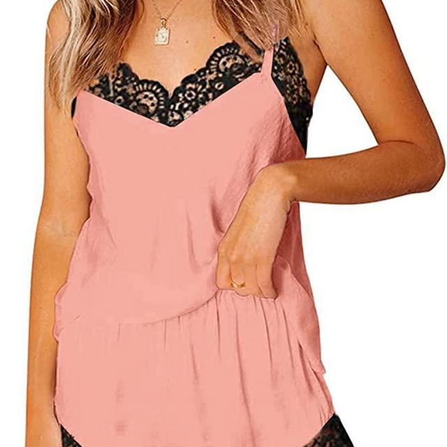CHYRII Women's Sexy Silk Satin Pajamas Sets Lace Trim Cami Tops Shorts Sleepwear