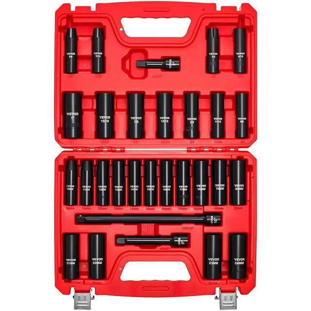 VEVOR 1/2" Drive Impact Socket Set, 29-Piece Deep Sockets Standard SAE (3/8 to 1 inch) and Metric (10 to 24 mm) Size, 6 Point, CR-V Steel, Extension Bars (3", 5", 10")