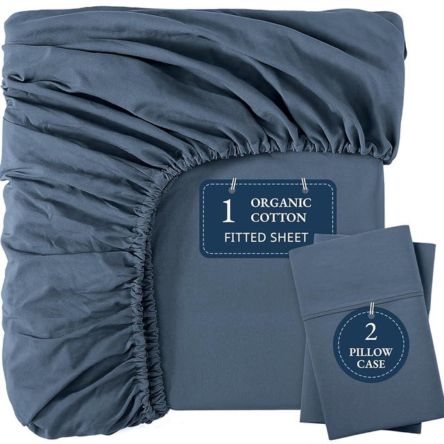 LANE LINEN Fitted Sheet, 100% Organic Cotton Fitted Bed Sheets, Soft & Comfy Naturally Cooling Eco Friendly All Weather Fitted Sheets Queen Fits Mattress Upto 15" Deep- Navy (Cases Included)
