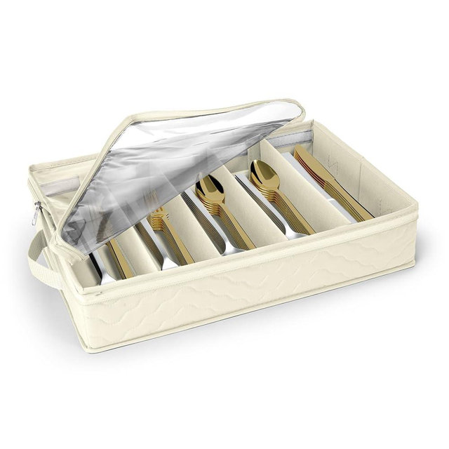 Sorbus Flatware & Utensil Storage - Gray Fabric Chest Box for Storage and Organizing Utensils, Silverware, Flatware, Cutlery - Silverware Organizer Container with Zipper Clear Lid & Adjustable Divider