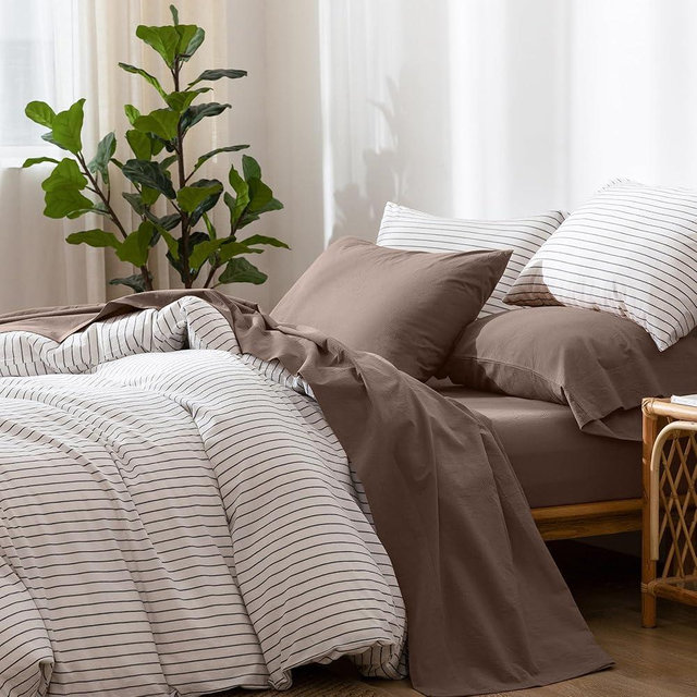 MooMee Bedding Sheet Set 100% Washed Cotton Linen Like Textured Breathable Durable Soft Comfy (Brown, King)