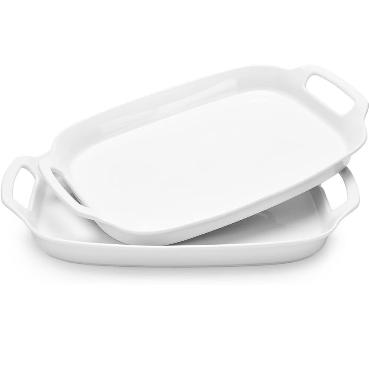 DOWAN Serving Tray with Handles, 15.4" Large Platters for Wedding Decor, Porcelain Serving Dish for Entertaining, White Plates for Salad Meat Fruit Dessert, Set of 2