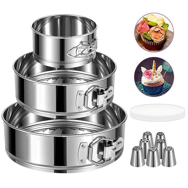 E-Gtong Springform Pan Set of 3 Stainless Steel Cake Pan 4" 7" 9" Leakproof Round Cheesecake Pan with Removable Bottom with 50 Pcs Parchment Paper Liners and 7 Pcs Russian Piping Tips