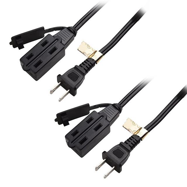 Cable Matters 2-Pack 16 AWG 2 Prong Extension Cord 6 ft, UL Listed (3 Outlet Extension Cord) with Tamper Guard Black