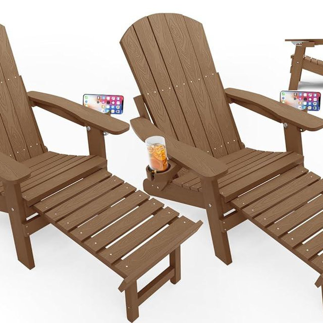 YEFU Adjustable Adirondack Chair with Footrest Set of 2, 5-Level Adjustable Adirondack Chair with Retractable Ottoman& 2 Cup Holder, Folding Adirondacks Chairs Use for Outdoor, Pool, Fire Pit (Teak)
