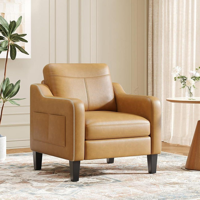 MALOL PU Leather Accent Chair, Mid-Century Modern Living Room Armchair Sofa with Removable Cushions, Solid Wood Frame & Stitched Armrest Design, Bedroom Chair with Plastic Legs, Brown