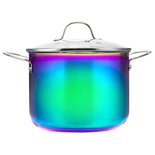 The Magical Kitchen Collection by The Sneaky Chef - Iridescent Rainbow 8-Quart Stock Pot With Handles & Glass Lid -Premium Heavy Duty Stainless Steel Titanium, Rust Proof, Oven-Safe, Induction Ready.