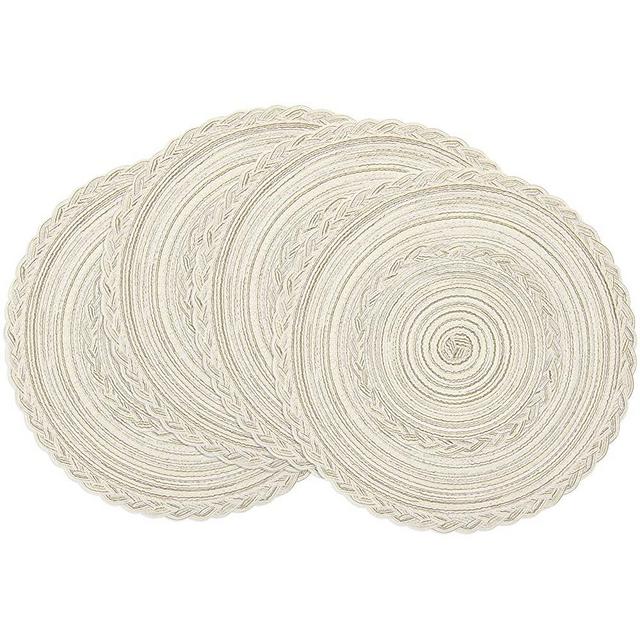SHACOS Round Placemats Set of 4 Braided Placemats Bordered for Dining Tables Wedding Holiday Party (Ivory Bordered, 4)