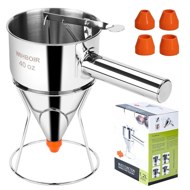 WIHBOIR Stainless Steel Pancake Batter Dispenser with Squeeze Handle, Durable, Heatable in Water Bath, Upgraded with Multi-Caliber, for Pancakes, Cupcake, Donut, Takoyaki, Waffle or Baked Goods. 40 oz