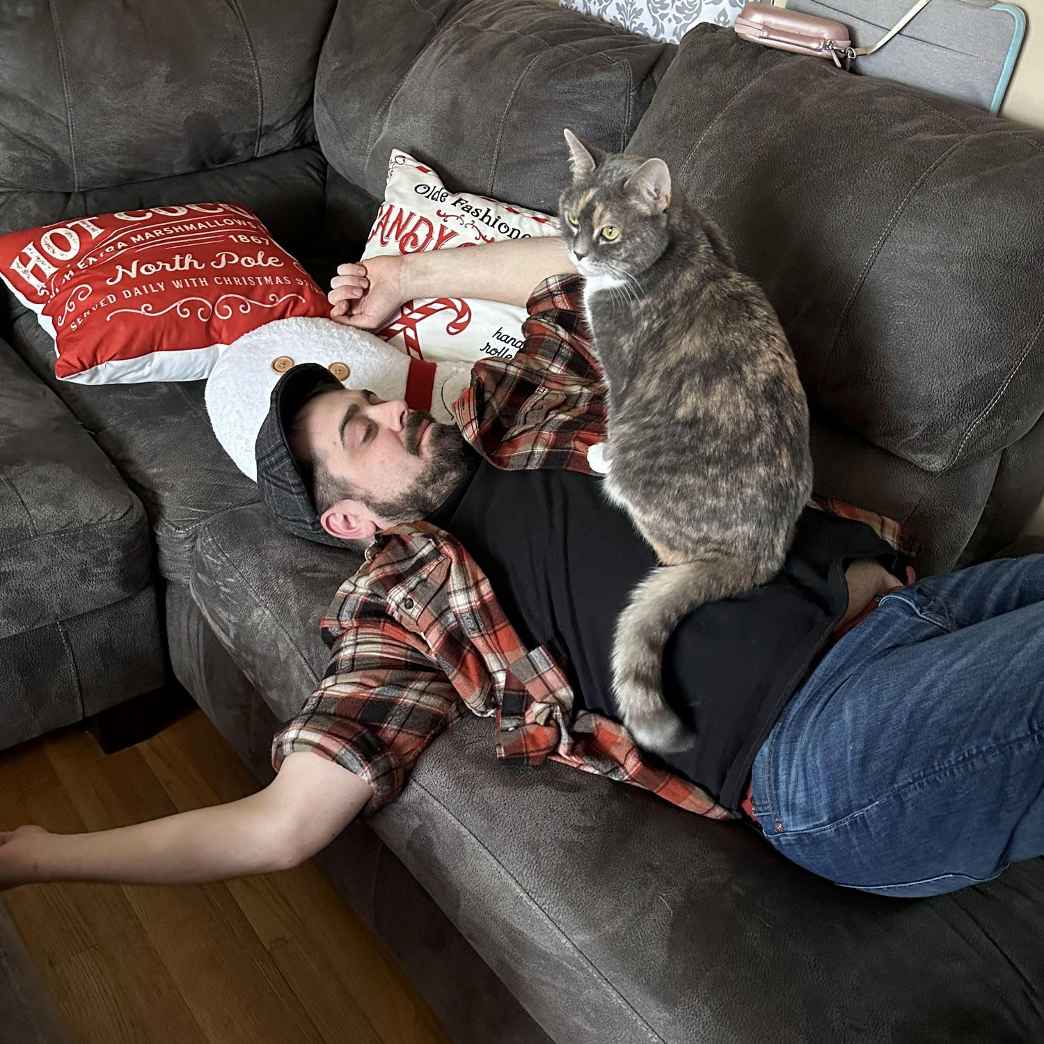 He lets that cat walk all over him… 😉