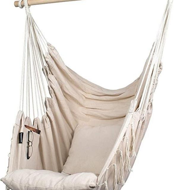Komorebi Hammock Chair | Hanging Rope Swing for Indoor & Outdoor | Soft & Durable Cotton Canvas | 2 Cushions Included | Large Macrame Hanging Chair with Pocket for Bedroom, Patio, Porch (Ivory)