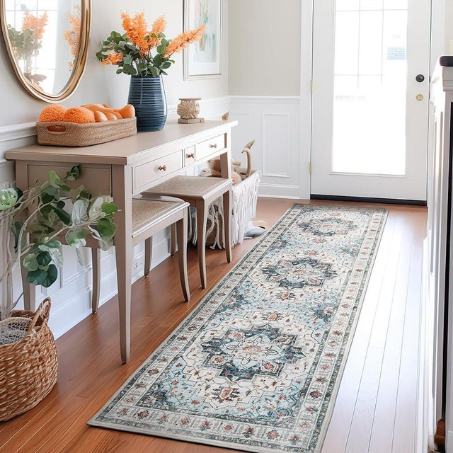 Madane Runner Rug 2x8, Washable Hallway Runner Rugs, Non-Slip Low-Pile Soft Kitchen Rug Runner Laundry Room Rug, Vintage Throw Entry Foyer Mat for Entrance Living Room (Blue, 2 x 8)