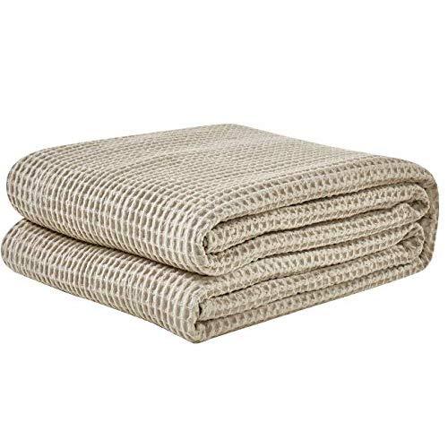 PHF Cotton Waffle Weave Blankets Queen Size Soft Cozy Lightweight for Bed Couch Sofa Khaki