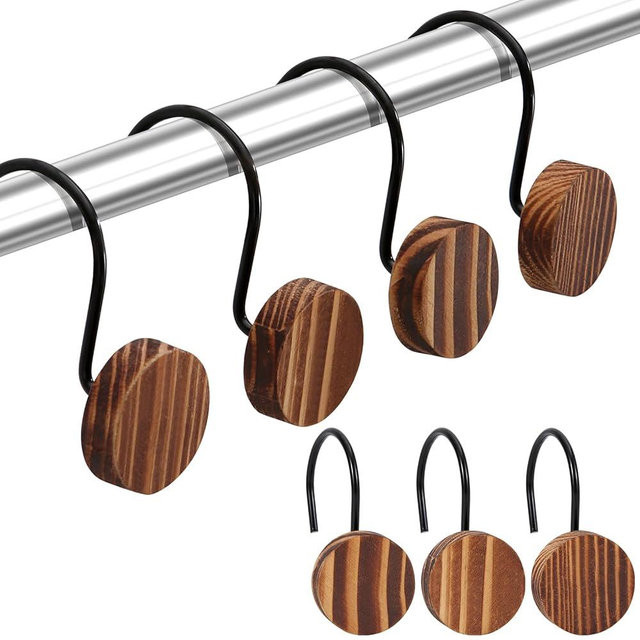 Wood Shower Curtain Hooks, Boho Rust-Resistant Shower Curtain Hooks Decorative, 12 Pack Shower Hooks for Shower Curtain, Shower Curtain Hangers Hooks (Brown, 12)